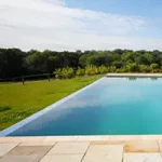 An outdoor infinity swimming pool overlooking a field surrounded by mature trees.