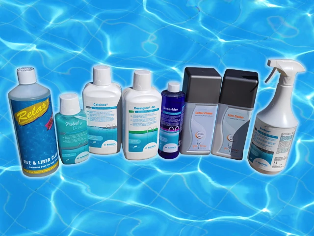 An selection of pool cleaning and maintenance products.
